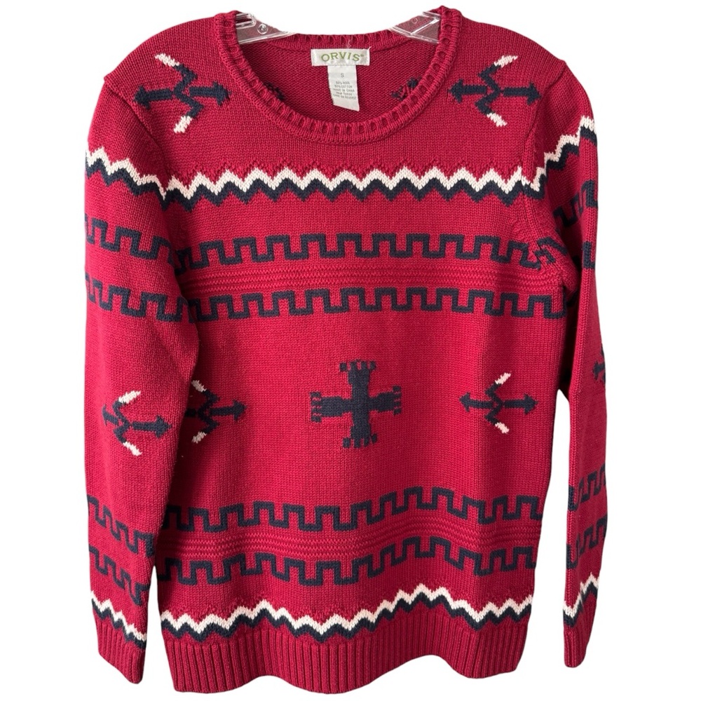 Orvis Women's Red and Navy Patterned Crew Neck Sweater Sz M
